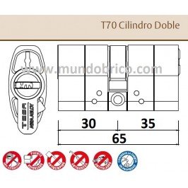Cilindro TESA T-70 30x35 Latón Leva larga DOBLE EMBRAGUE