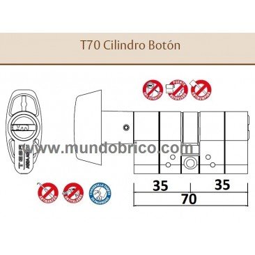 Cilindro BOTÓN TESA T-70 35x35 Latón Leva larga