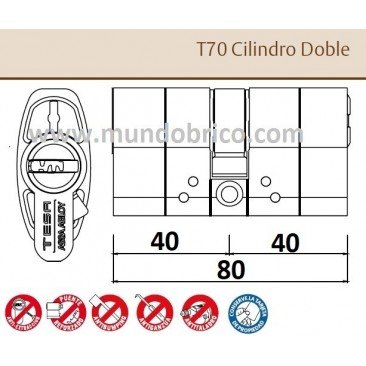 Cilindro TESA T-70 40x40 Niquelado Leva larga DOBLE EMBRAGUE